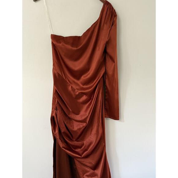 Fashionova Adriana Satin Gown Size M Orange Maxi Ruched Eveningwear Formal Prom - Picture 4 of 13